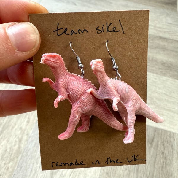 Pinky Red Allosaurus Dinosaur Earrings - Upcycled from Toys