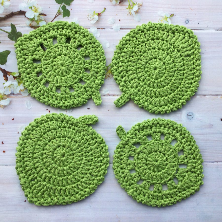 Crochet Green Coasters in the Shape of Leaves