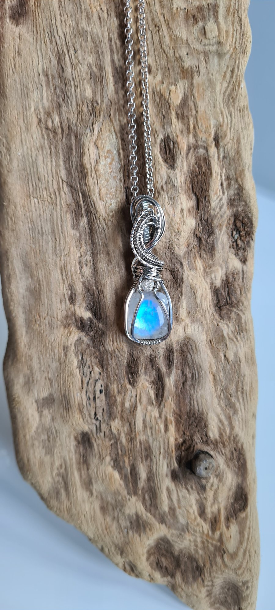 Handmade Natural Rainbow Moonstone & 925 Silver Necklace Pendant with Chain Gift