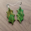 Holly Leaf Earrings, Carved Oak, silver