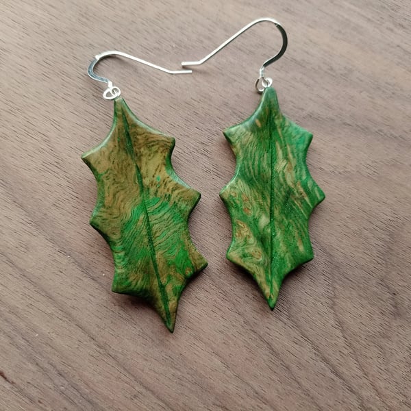 Holly Leaf Earrings, Carved Oak, silver