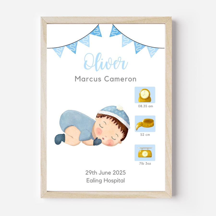 Personalised baby boy blue wall art print with babys name and birth details