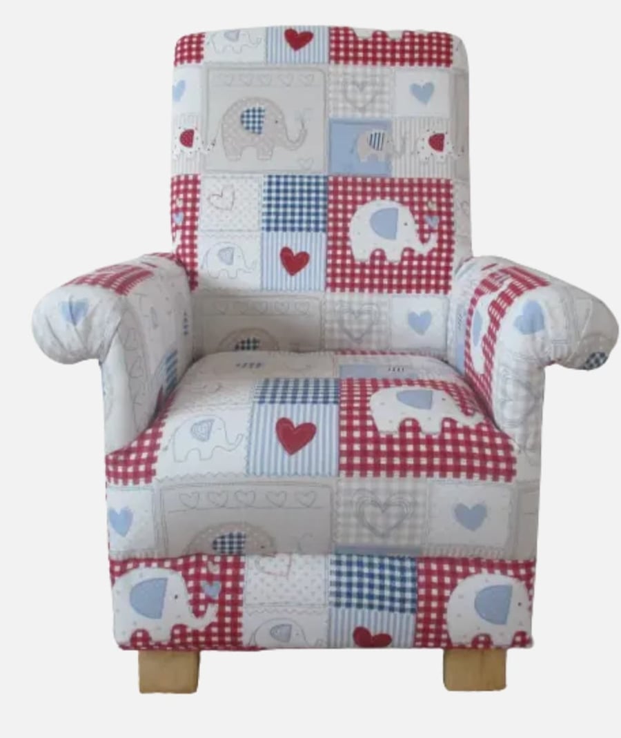 Fryetts Bobo Blue Fabric Child's Chair Kids Armchair Patchwork Elephants Red 