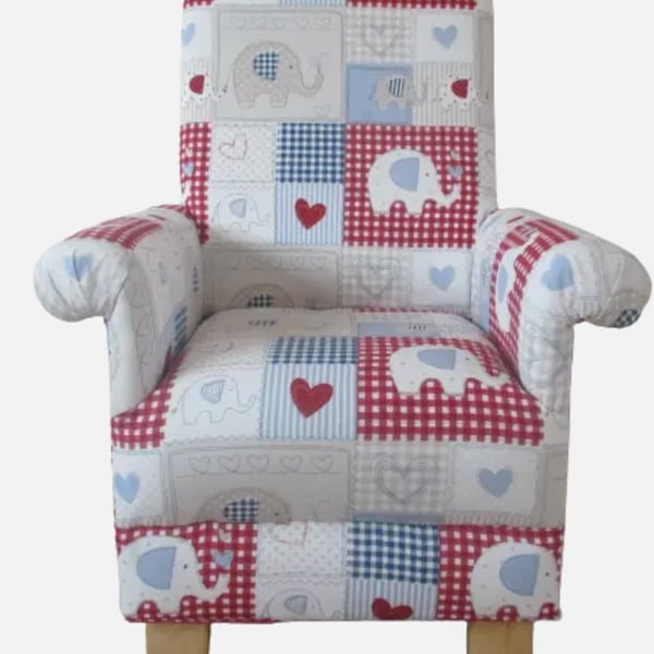 Fryetts Bobo Blue Fabric Child's Chair Kids Armchair Patchwork Elephants Red 