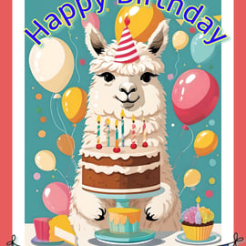 Alpaca Llama Birthday Cake Card A5