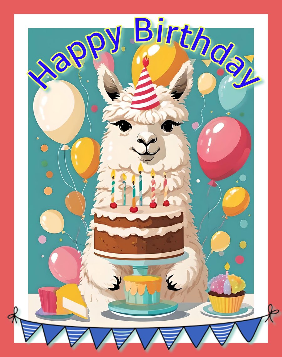 Alpaca Llama Birthday Cake Card A5