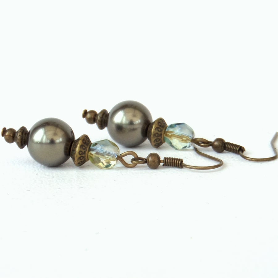 Shell pearl and crystal bronze earrings, vintage inspired