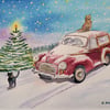 Original watercolour, Moggy Christmas - Morris Minor car and cats