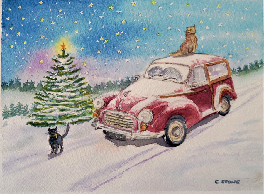 Original watercolour, Moggy Christmas - Morris Minor car and cats