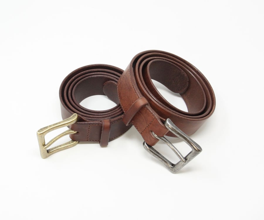 1.5" wide brown leather belt; Italian leather; choice of antique finish buckle