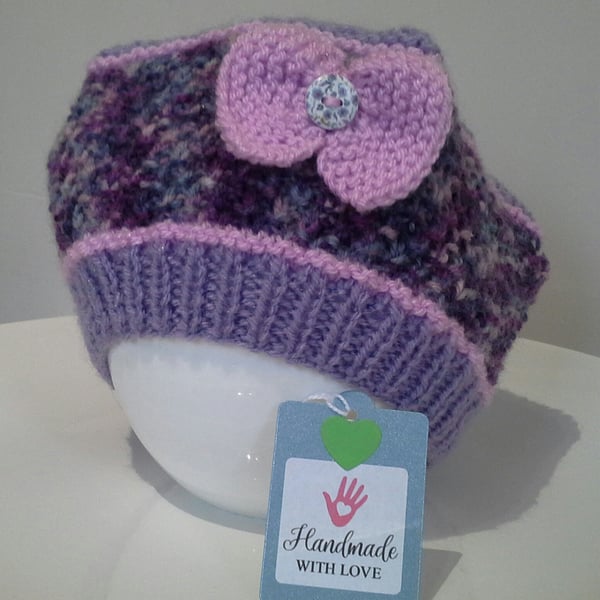 Hand Knitted Girls Beret with Marino Wool  2 - 3  years size