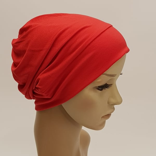Red viscose jersey beanie, lightweight chemo hat, alopecia hair loss head wear