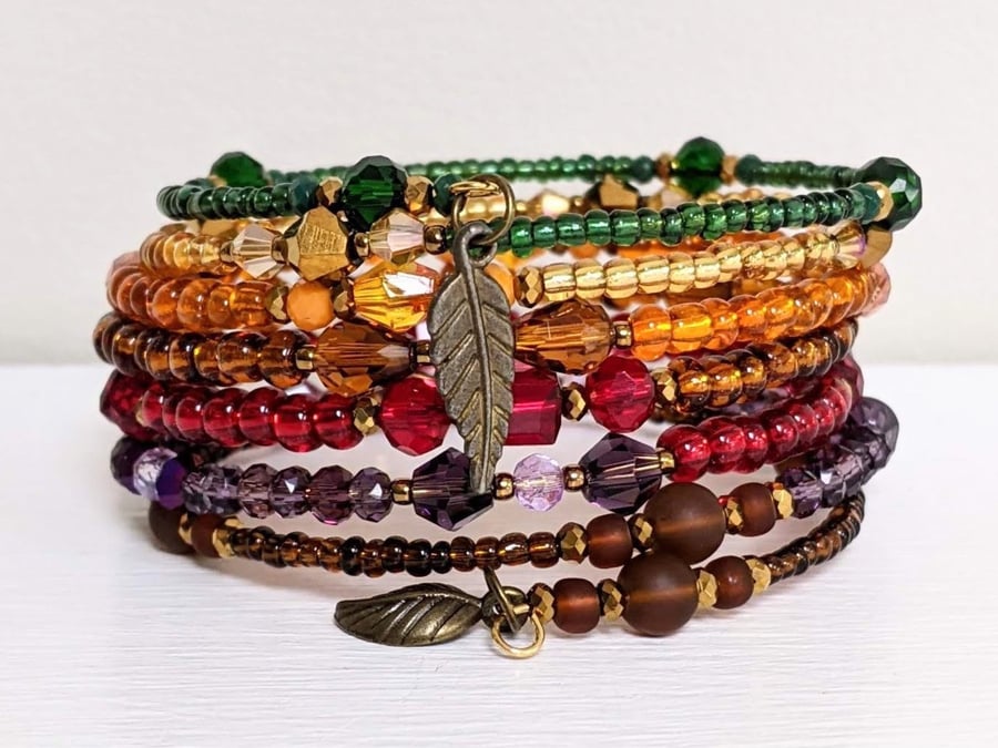 Autumn Inspired Memory Wire Bracelet,  Cuff Wrap Bangle