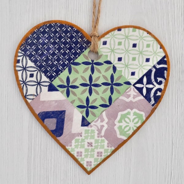 Decoupaged Wooden Hanging Heart 15cm (6”): Green and Blue design