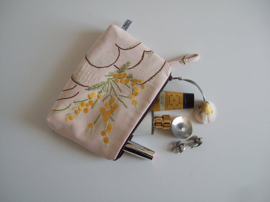 Yellow floral vintage embroidery make up bag, toiletries bag, or clutch bag.
