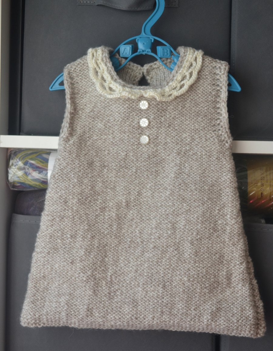 Hand Knitted Baby Sleeveless Dress Lace Collar Beige Wool Acrylic 6 months