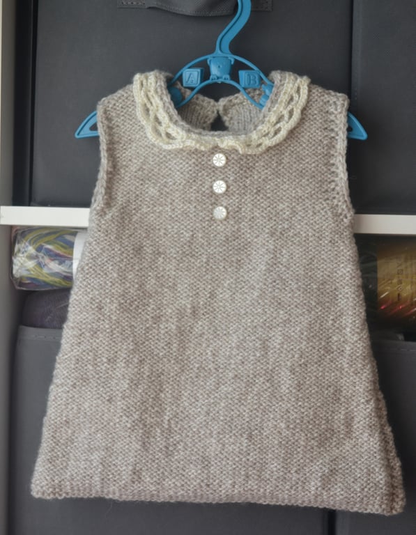 Hand Knitted Baby Sleeveless Dress Lace Collar Beige Wool Acrylic 6 months