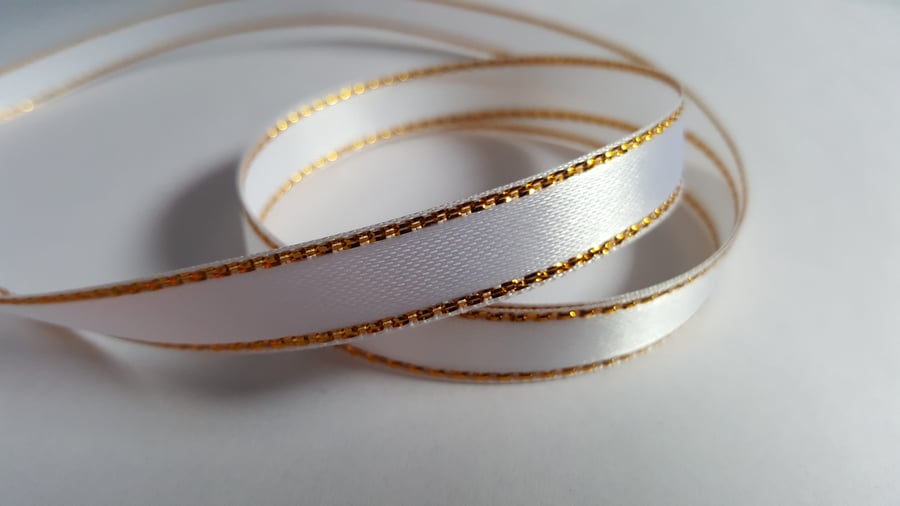 3m Satin Ribbon - Gold-Edged - 10mm - White 