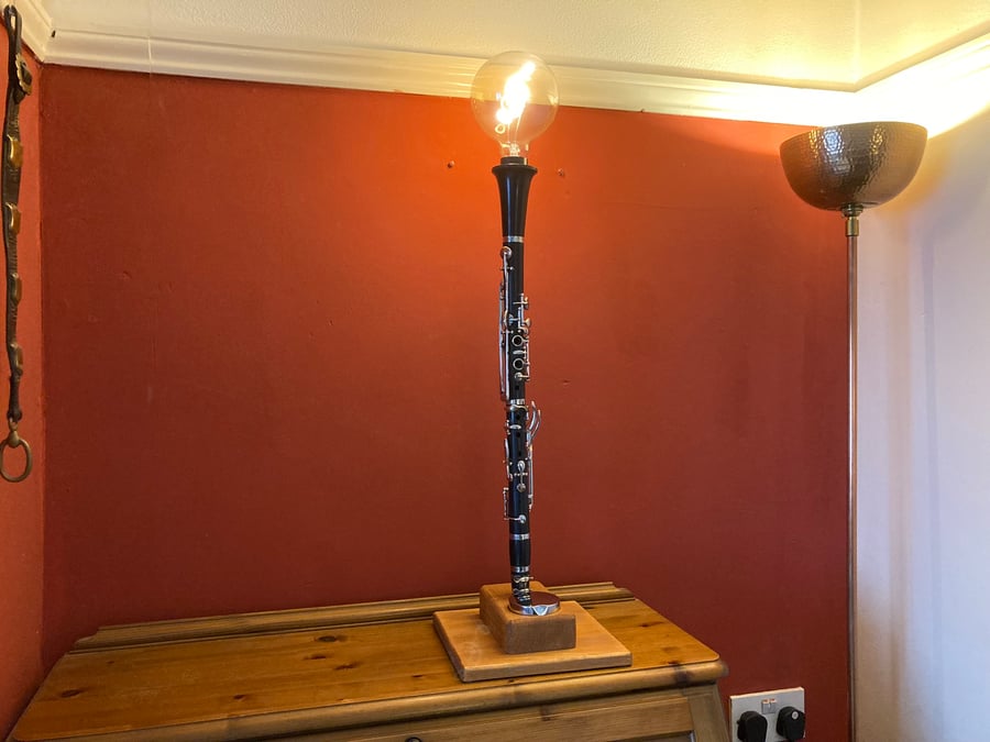 Musical Table Lamp, Repurposed Clarinet with Treble Clef Bulb and Touch Dimming