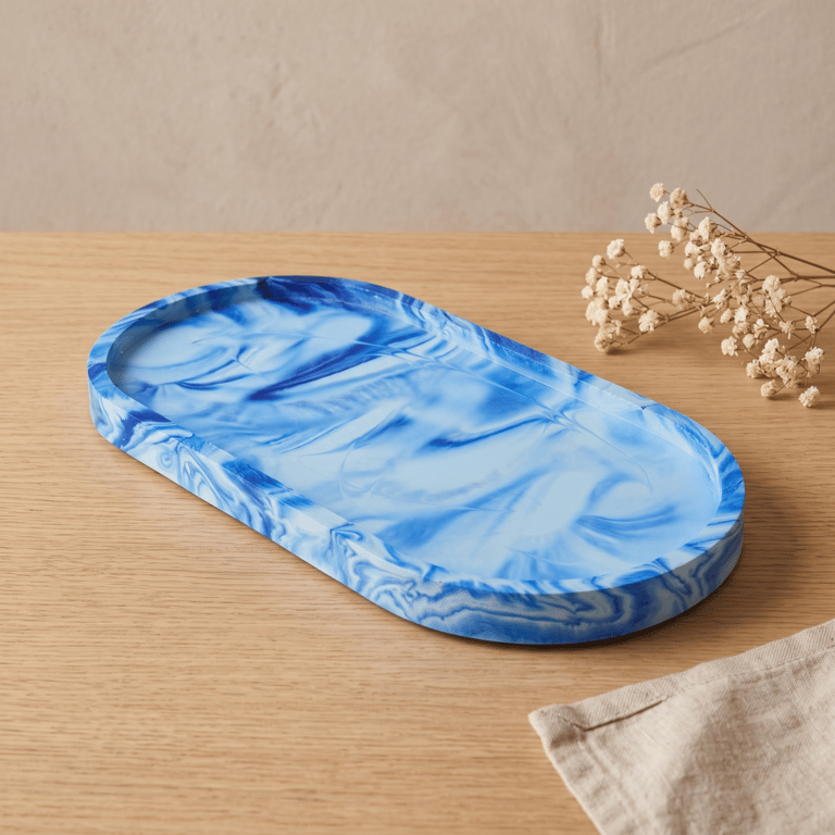 Large Blue Marbled Oval Decorative Tray, Jewellery and Diffuser Display