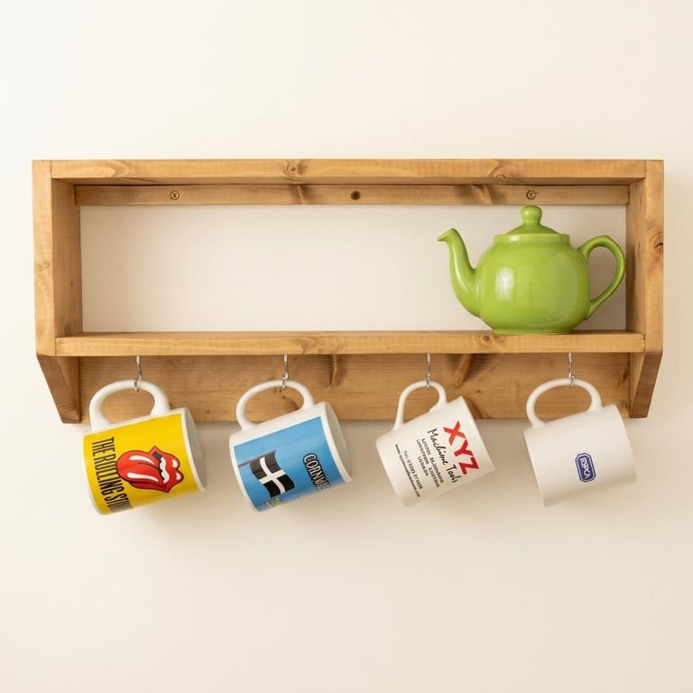Rustic Mug Rack with Shelf, Wooden Coffee Bar Shelf with Hooks, Handmade Kitchen