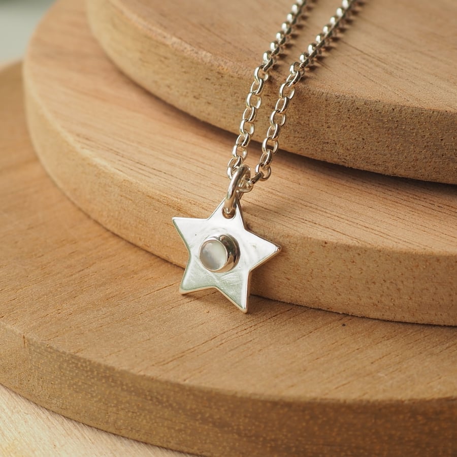Silver Star Pendant with June Birthstone Moonstone