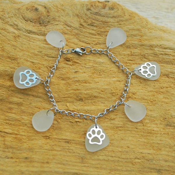 Sea glass bracelet with paw print charms