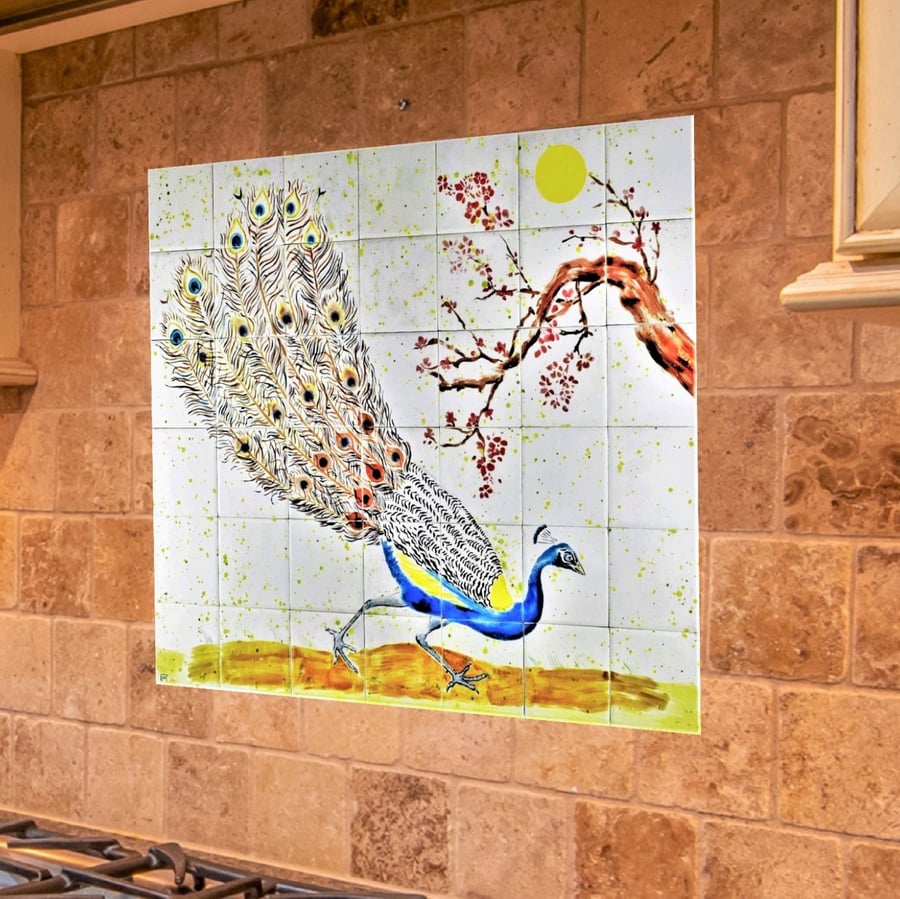 Hand painted Ceramic Peacock Painting, Backsplash Tile.