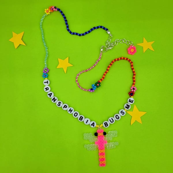 TRANSPHOBIA BUGS ME beaded necklace with dragonfly charm 