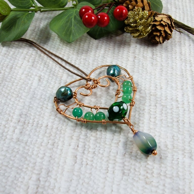Copper Hanging Decoration with Pearls, Glass and Agate Beads
