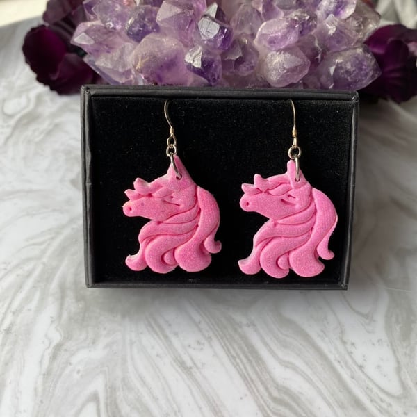 Unicorn pink glitter polymer clay statement earrings, sterling silver ear wires