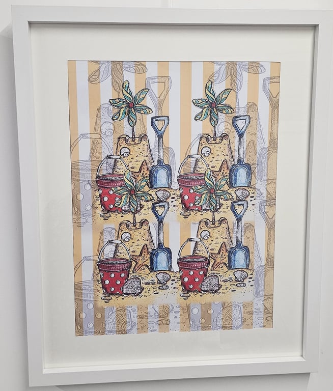 Sandcastle beach bucket and spade striped art Print