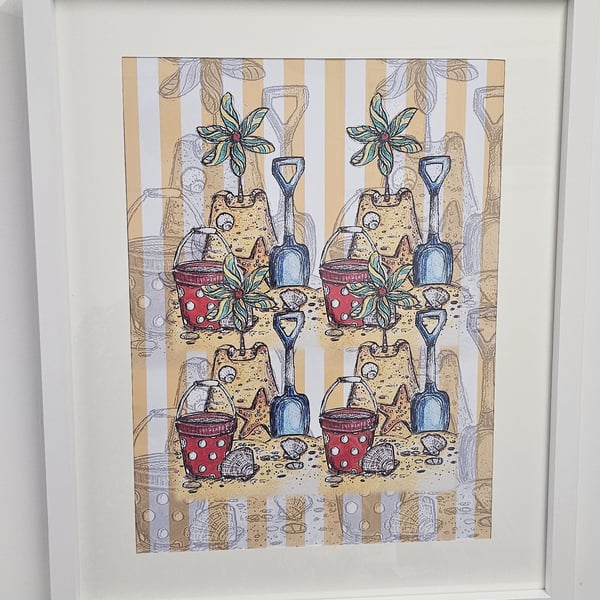 Sandcastle beach bucket and spade striped art Print