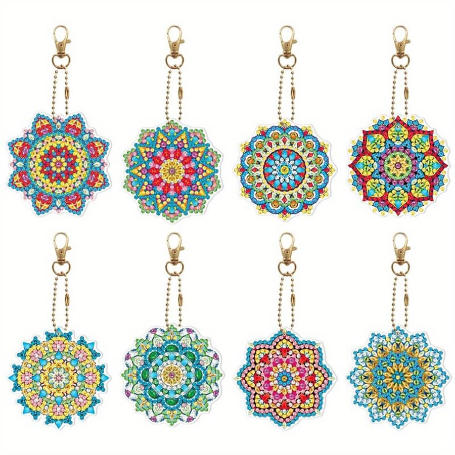 8 Pcs 5D DIY Medallion Flower Diamond Painting Kit Keyrings Keychains Kit Double