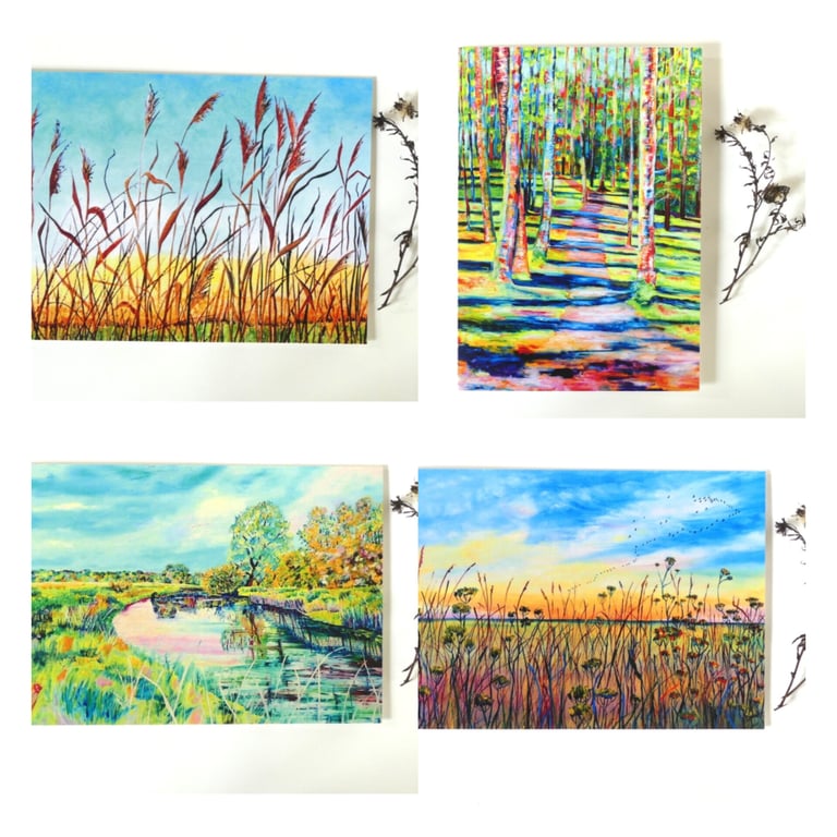 Set of Four Colourful Fen Scene and Woodland Blank Greeting Cards