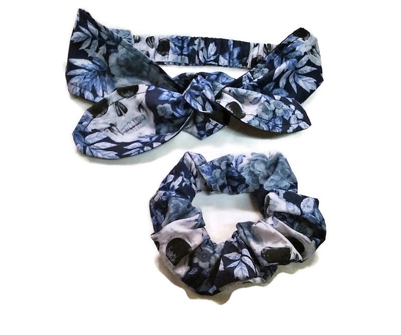 Gothic skulls blue Headband, Blue Skulls Print cotton scrunchie handmade