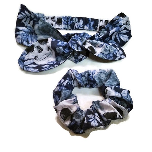Gothic skulls blue Headband, Blue Skulls Print cotton scrunchie handmade