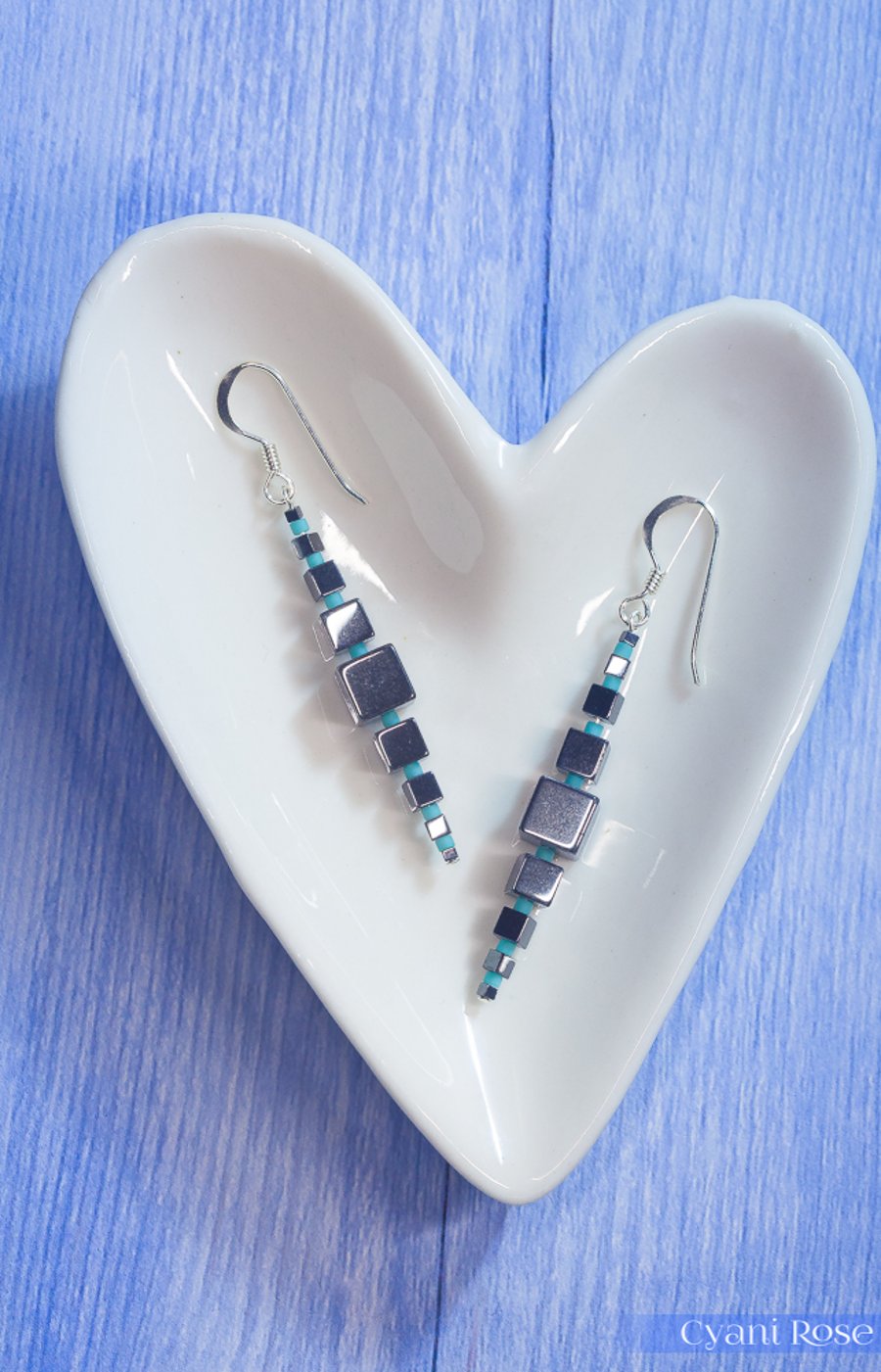 Sterling Silver Hematite and Seed Bead unique cubed earrings