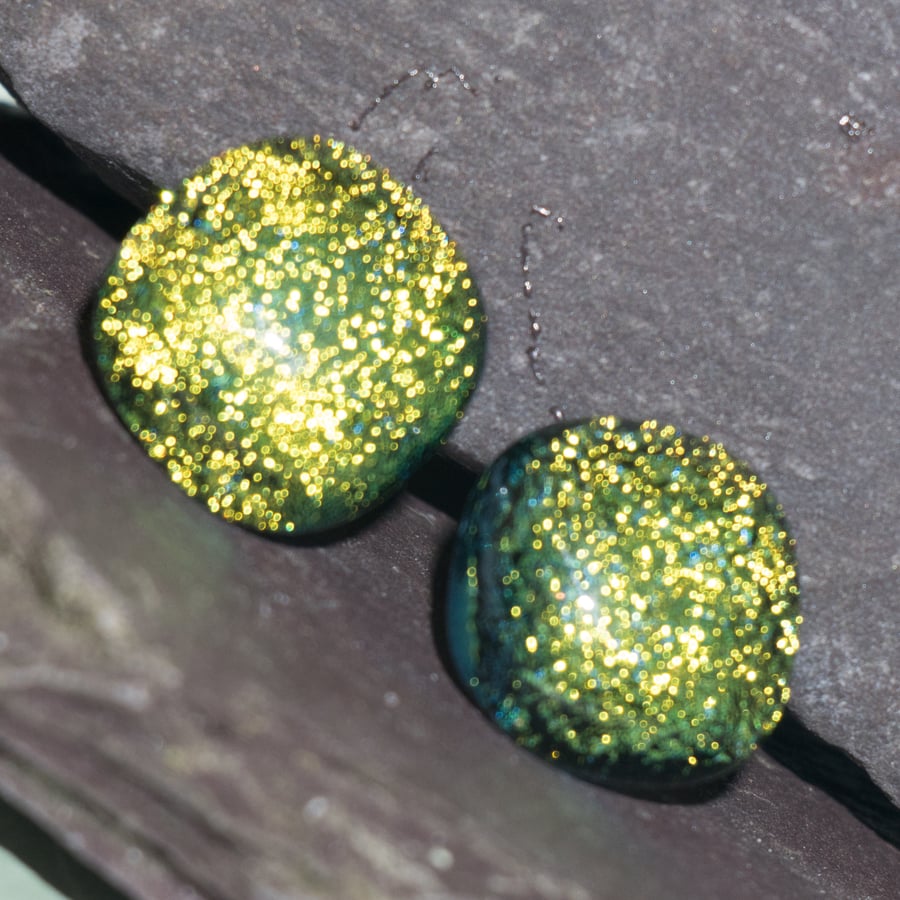 Lime Green Dichroic Glass Earrings on Sterling Silver Studs - 2045