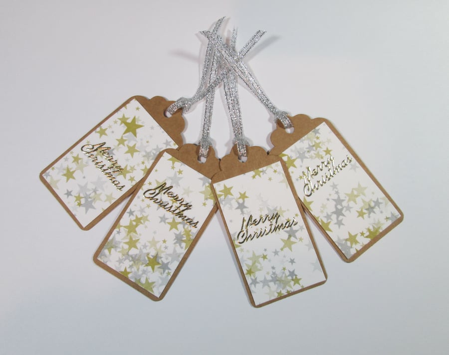 Set of 4 gold and silver stars Christmas gift tags