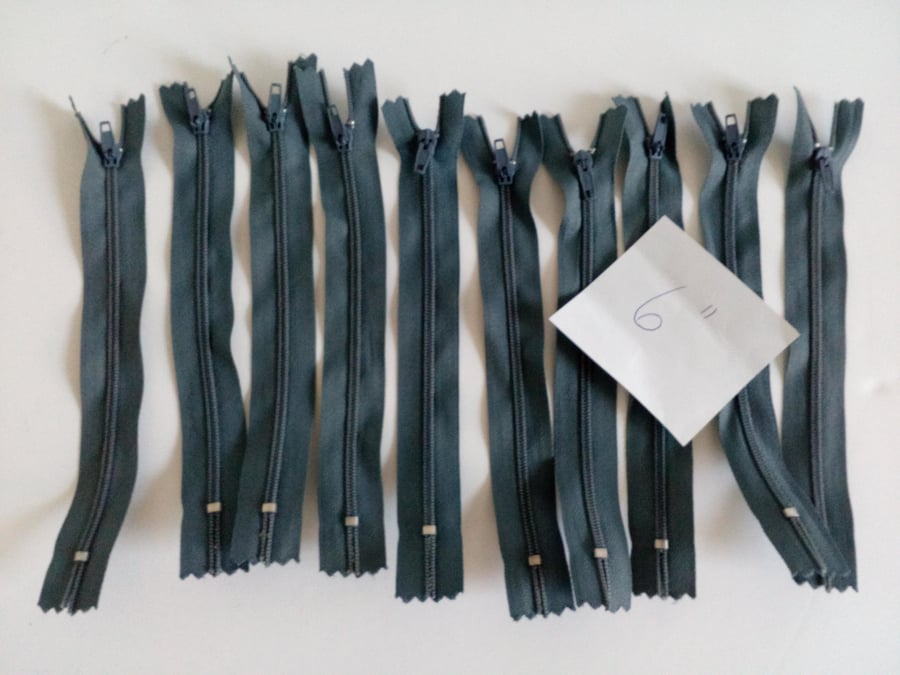 Zip, Zips, Pack of 10 grey 6" zips,  grey, zip, 6" zip, 15cm zip, nylon zip, 