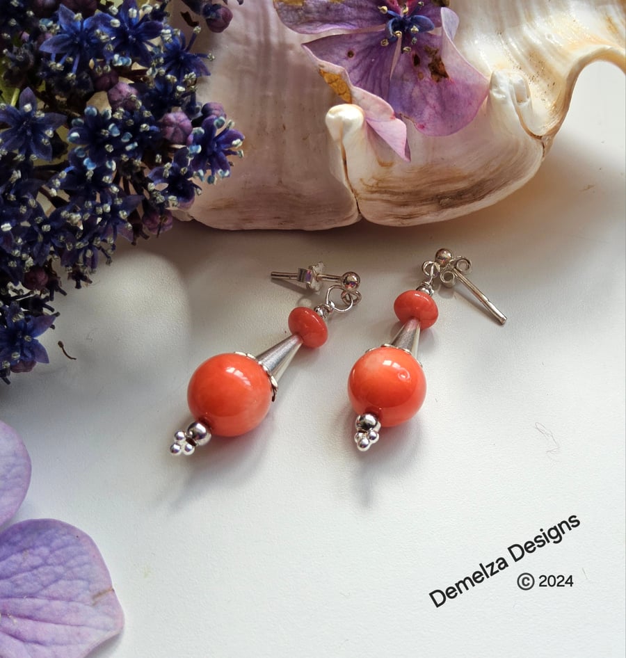 Eco Reclaimed  Peach Coral Sterling Silver Stud Earrings