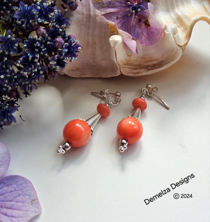 Eco Reclaimed  Peach Coral Sterling Silver Stud Earrings