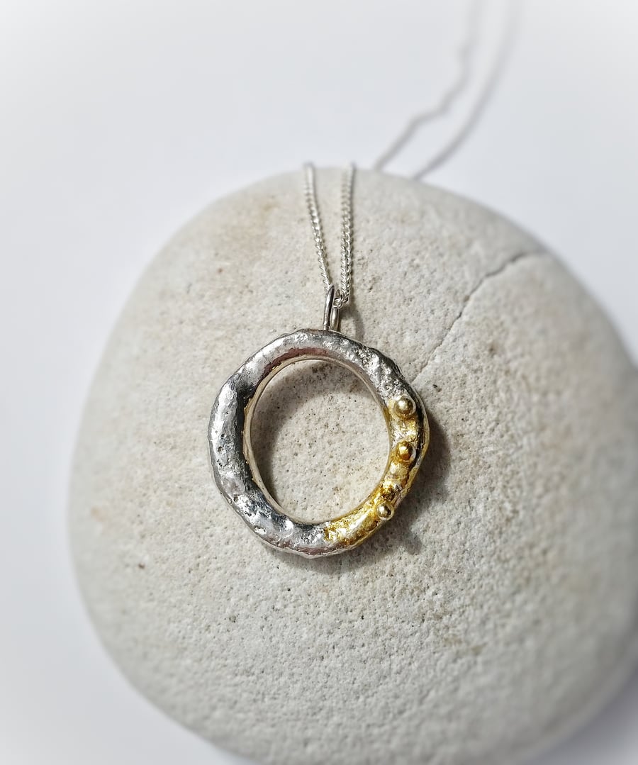 SALE Lichen inspired quirky textured silver necklace with gold detail