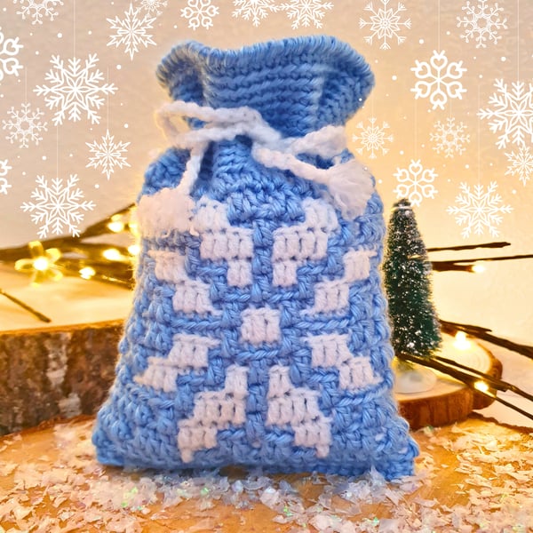 Crochet Drawstring Gift Bag Pouch In Blue With White Snowflake Pattern