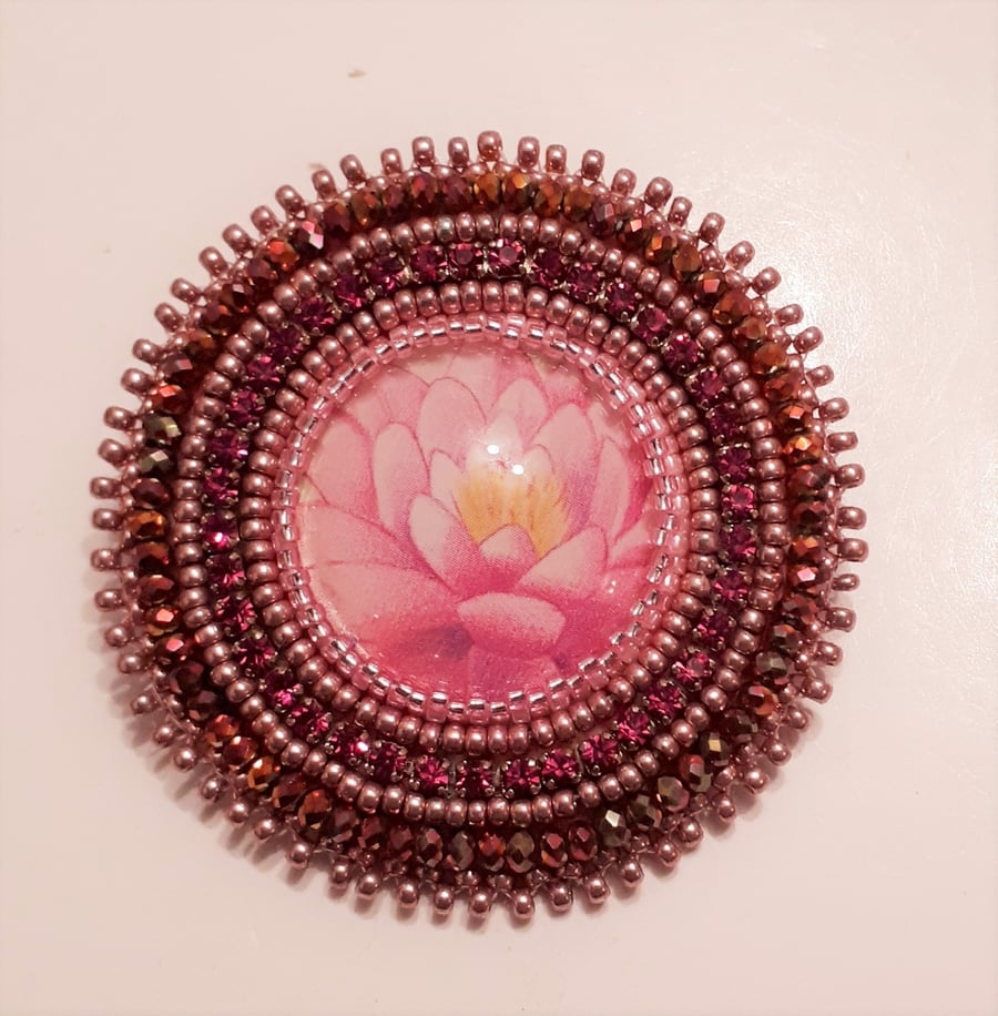 Bead Embroidered Brooch – Pink Water Lily