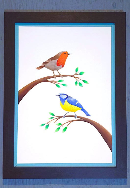 Made in UK Framed A3 Print Colourful Bluetit Red Robin Light-Blue Border Wallart