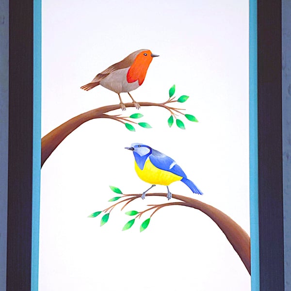 Made in UK Framed A3 Print Colourful Bluetit Red Robin Light-Blue Border Wallart