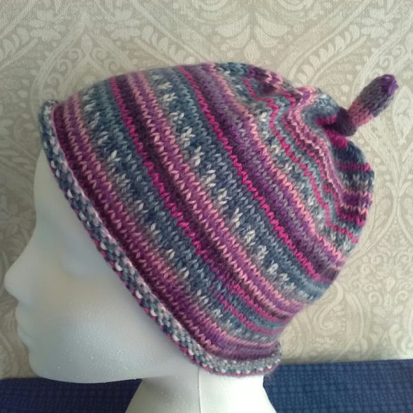 Handknit KNOTTY TOP BEANIE Stripey jacquard in Pink, purple, teal child teen