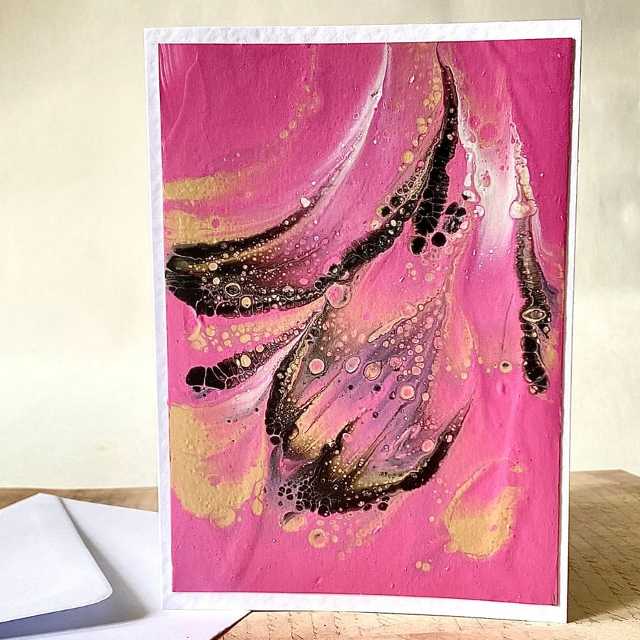 Pink, gold and silver metallic acrylic paint poured blank card